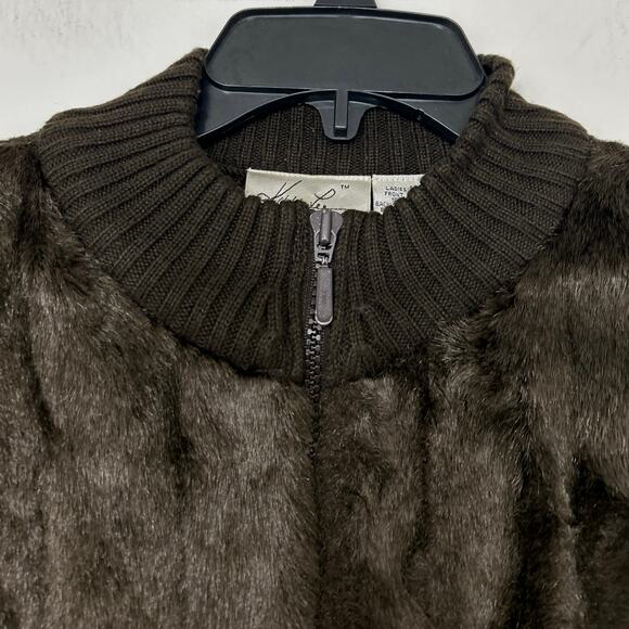 Vintage 90s Y2K Chocolate Brown Faux Fur Ribbed Knit Zip Up Sweater Cardigan Lg - Picture 5 of 15